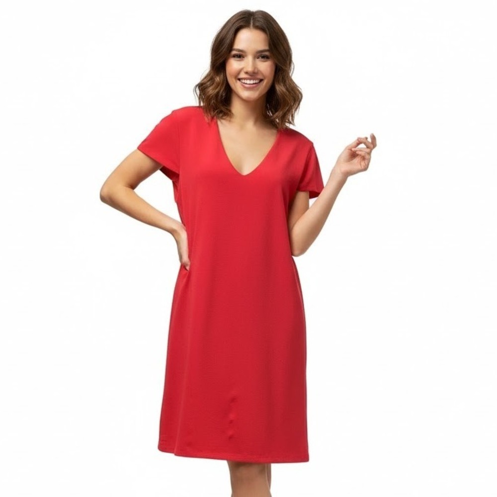 Charles Henry Women's Dress Coral V-Neck Cap Sleeve Zipper Back Textured Casual